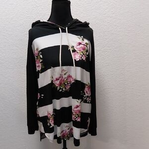 Emerald Floral Striped Hoodie - Black and White